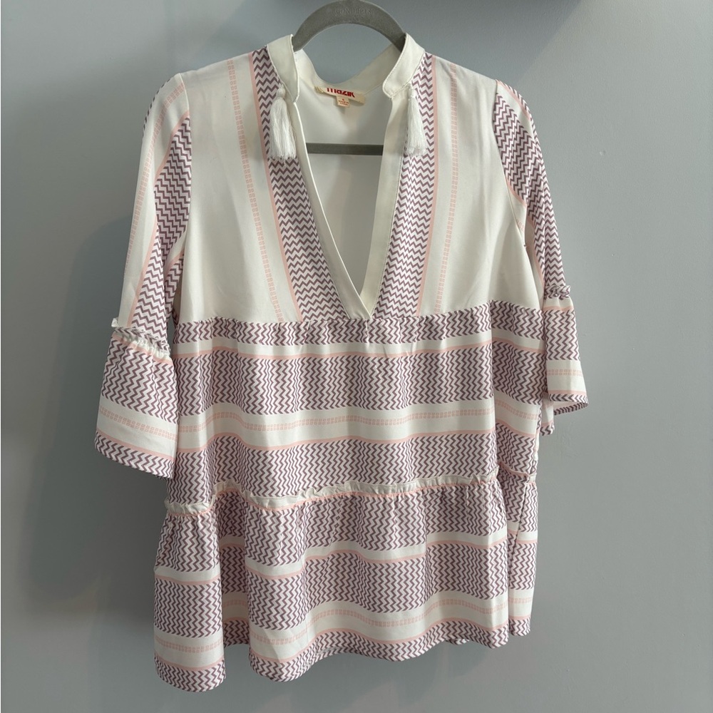 Mazik White & Pink Patterned V-Neck Peplum Top